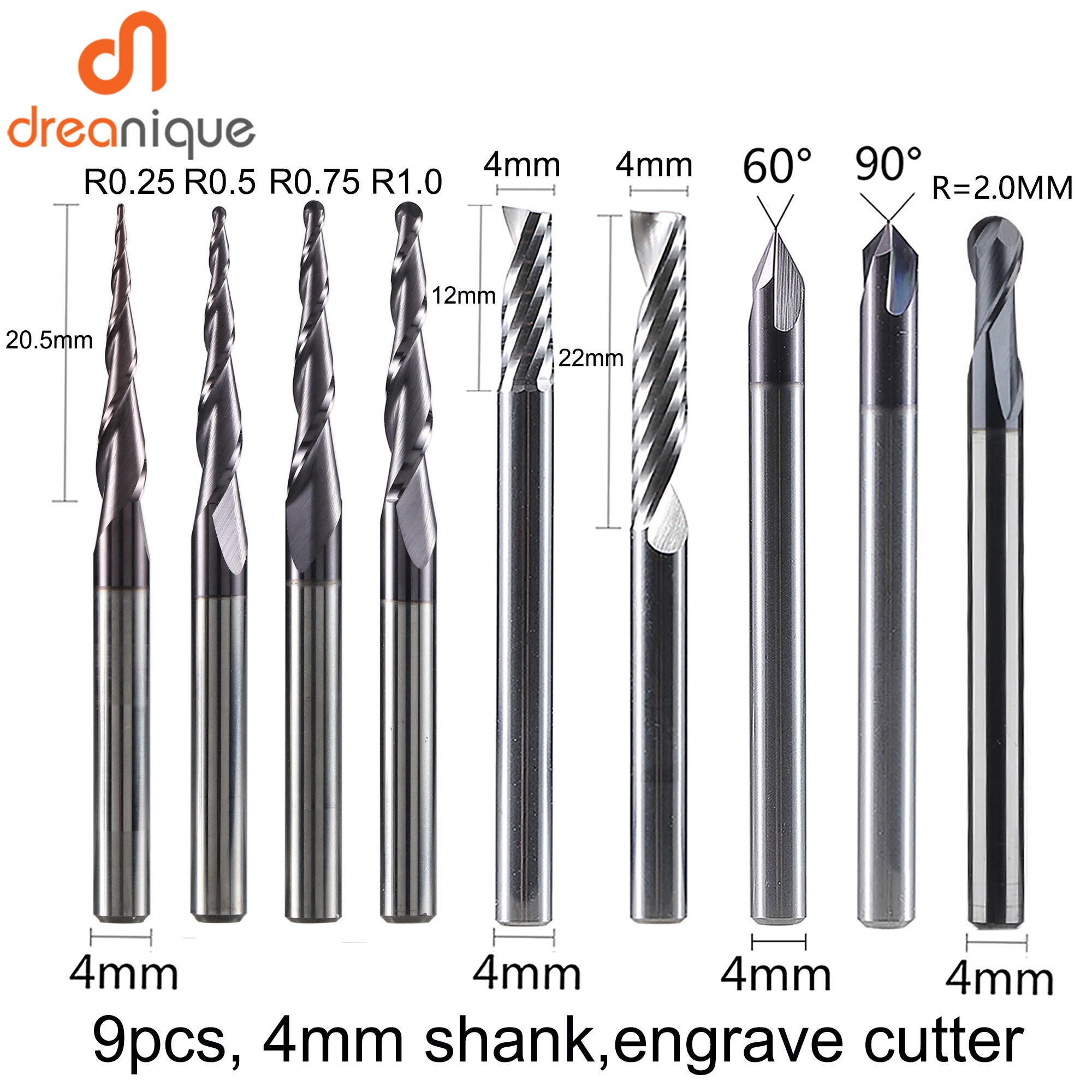 Cnc massiv hårdmetallgraveringsbitar frässkärare träbearbetningssats 3.175mm 6.35mm 6mm skaftfräsar för träsnideri: 4mm set -9 st
