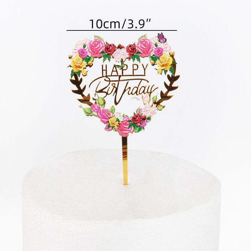 Décoration de gâteau joyeux anniversaire, bordure de couronne de fleurs et papillon, fée filles, fête d'anniversaire, Baby Shower, acrylique, décoration de gâteaux