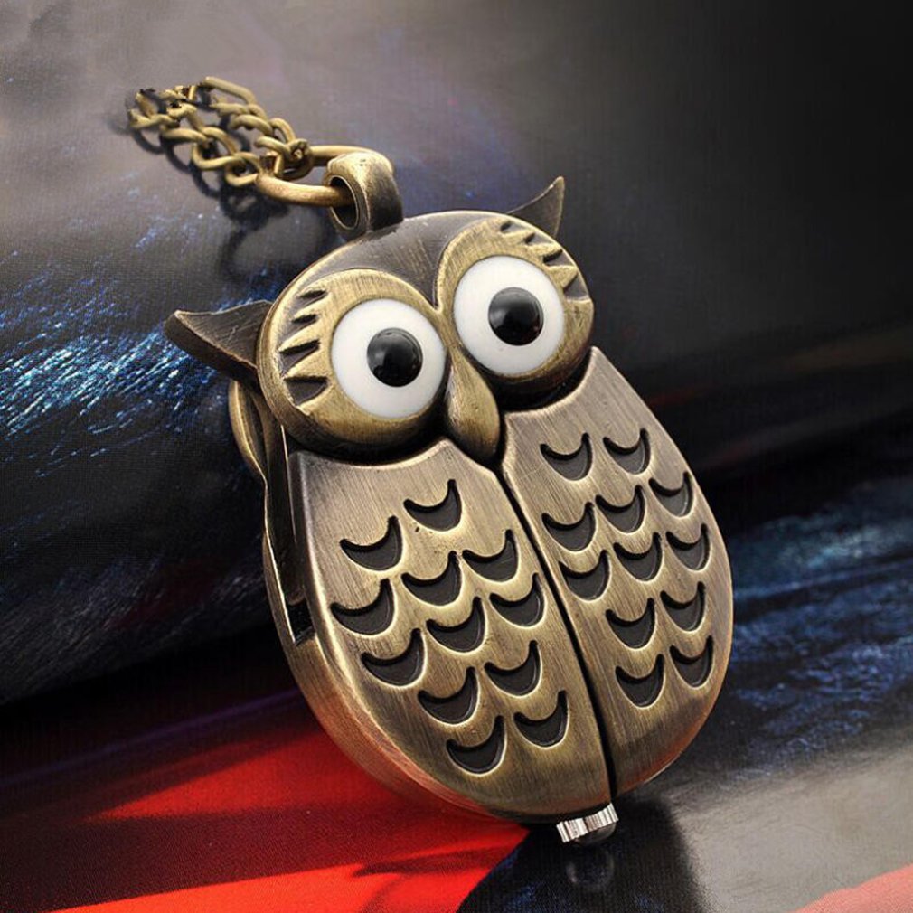 Bronze Owl Pocket Watch Flipping Pocket Watch Quartz Watch Hanging Table Decoration