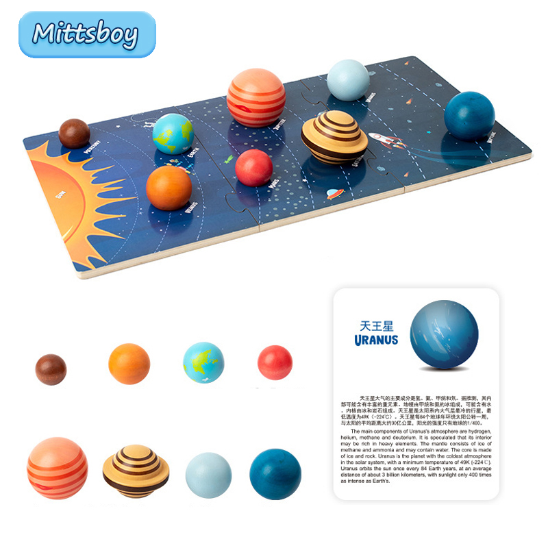 Juguetes de educación temprana de madera Montessori para bebé, rompecabezas 3D de ocho planetas, juguete cognitivo del universo, sistema Solar, tablero a juego de planetas