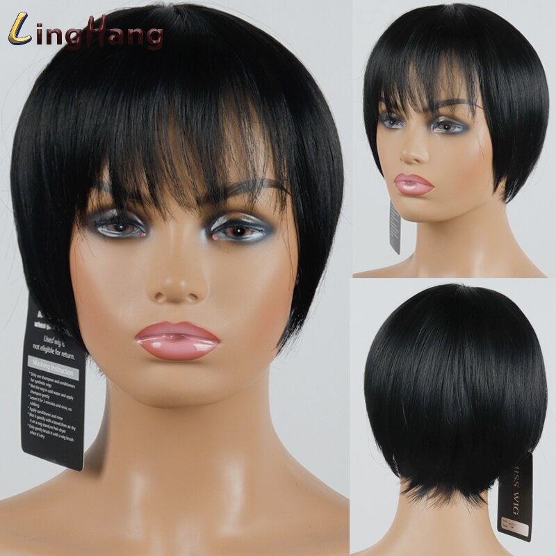 LINGHANG Short Brown Black Straight Wig Pixie Hair Cut Style Wigs For Women Synthetic Hair High Temperature Fiber: 2