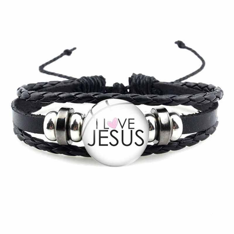 Bracelet avec symbole chrétien de poisson de jésus, bijou en verre fait à la main, Punk, en cuir tissé noir, bijoux manchette pour hommes et femmes