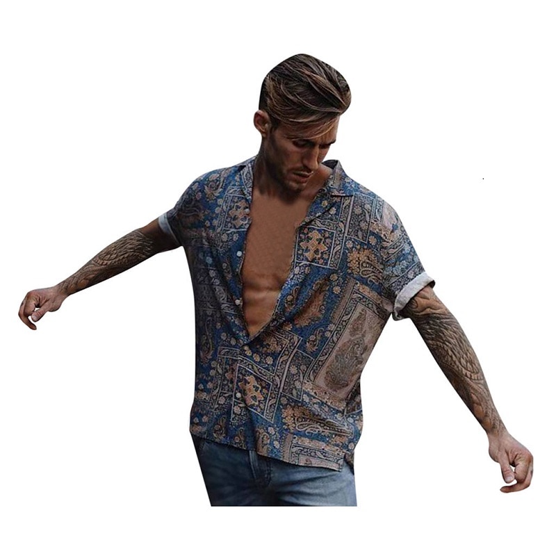 Sommer mænd skjorte afslappet printet hawaiiansk skjorte kortærmet løse mandlige bluse toppe mærke mænd tøj skjorter til mænd