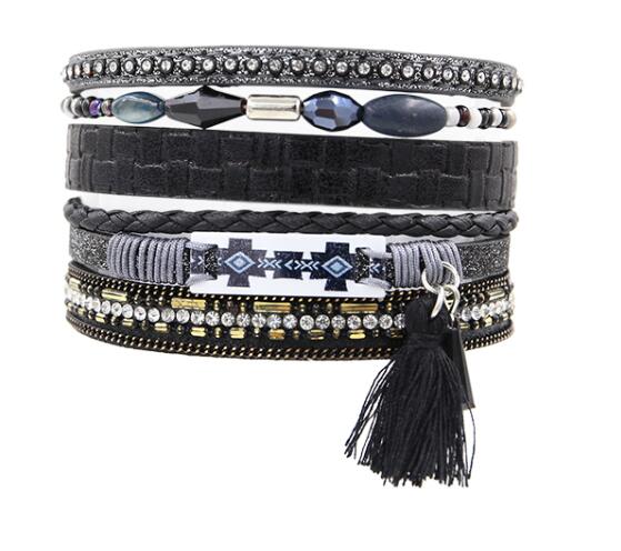 STRATHSPEY Etnische Kwasten Sieraden Armband Vrouwen multi-layer Lederen Touw Strass Magneet Sluiting Bangle Bracelete Feminino Blauw: Black Color