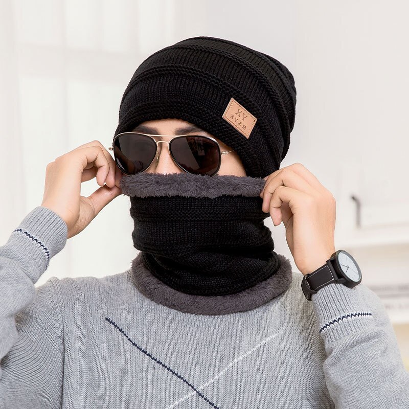 Vinter strik hue hue herre 2- -delt hat tørklædesæt nyeste mandlige kasket varm kasket & halsvarmer med tyk fleece foret: Sort
