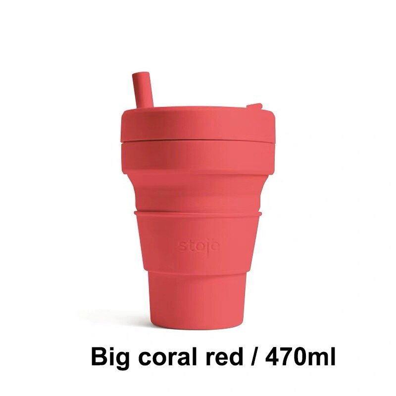 STOJO TASSE Klapp Silikon Tragbare Silikon kaffee tasse multi-funktion folding silica tasse Büro reise Wesentliche: big coral red 470ml