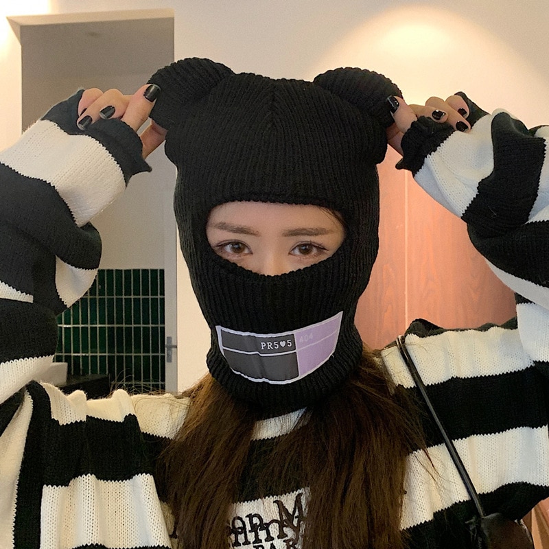 Bjørn ører balaclava damer 1 skrog skimaske håndlaget heklet hel ansikt ullhatt søt jente vinter streetwear varm lue