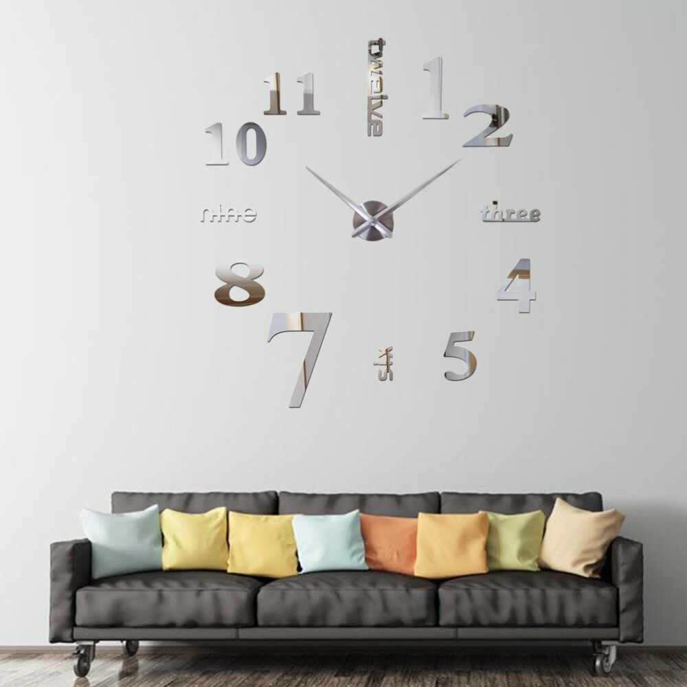 Modern 3D Frameless Large Wall Clock Watches Hours DIY Room Home Decoration (Black) (Battery): Silver