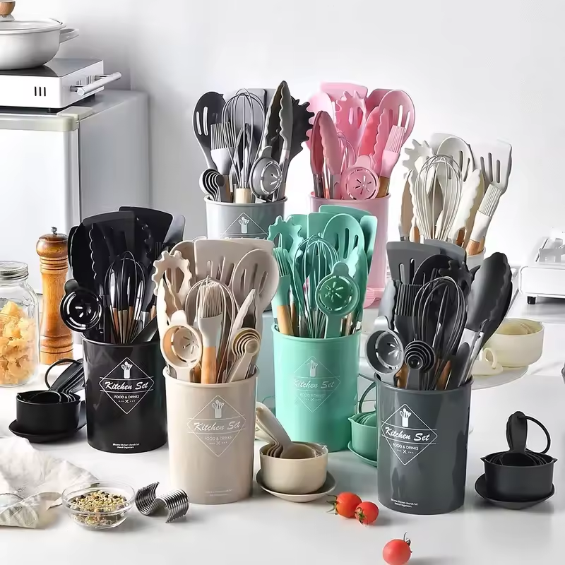 12 peças kit de cozinha de silicone utensílios de qualidade alimentar conjuntos de cozinha turner espátula colher de medição prático panelas ferramenta kitchenwa