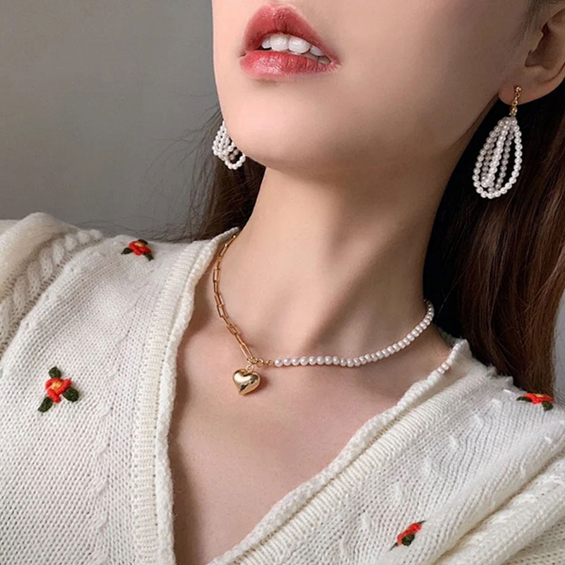 HangZhi Neue Asymmetrie Süßwasser Perlen Metall Liebe Anhänger Schlüsselbein Kette Halsband Halskette für Frauen Mädchen Partei Schmuck