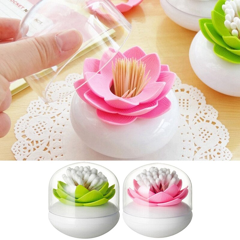 2 pièces Chic Lotus fleur coton bourgeon porte cure-dents étui coton-tige boîte décor à la maison, rose et vert
