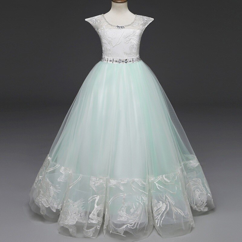 Mint Green Ball Gown Lace Flower Girl Dresses Floral Organza Floor Length Girls Pageant Dresses First Communion Dresses