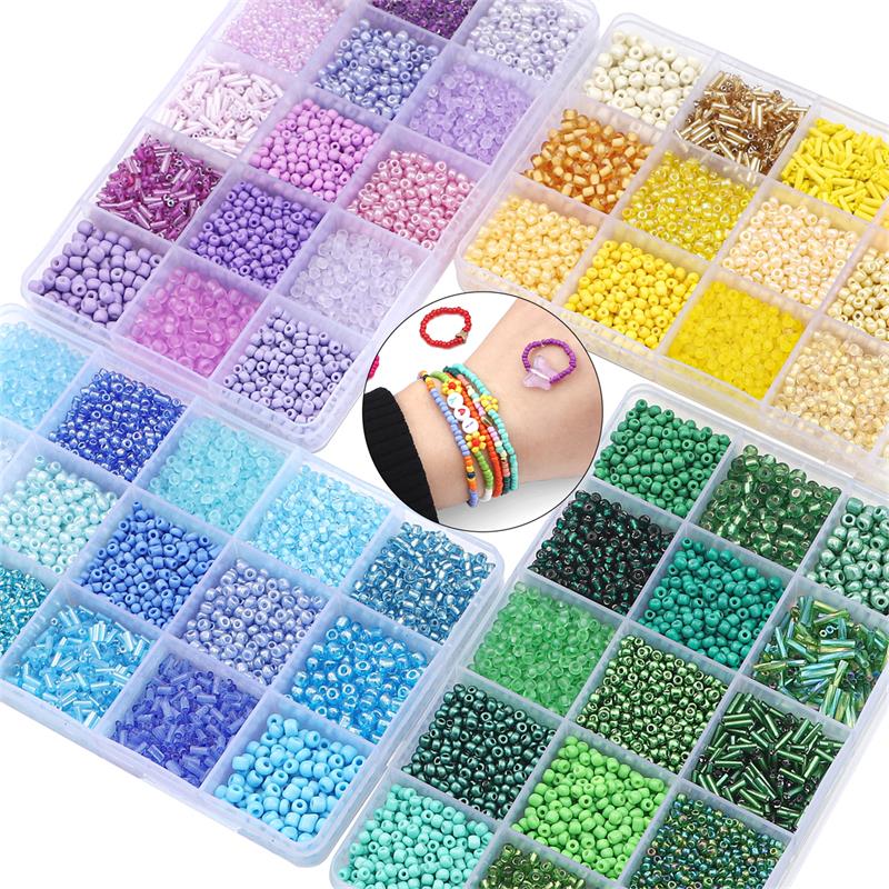 Juego de cuentas de vidrio de 15 colores para hacer pulseras, cuentas espaciadoras sueltas con caja de almacenamiento, Kit de cuentas de tubo para manualidades, dijes de collares