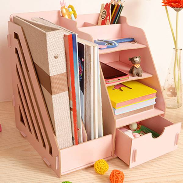Wood Desk Organizer Drawer Trays Office Desktop Organizers File Holders Office Supplies 4 Tier 6 Compartments (Pink)