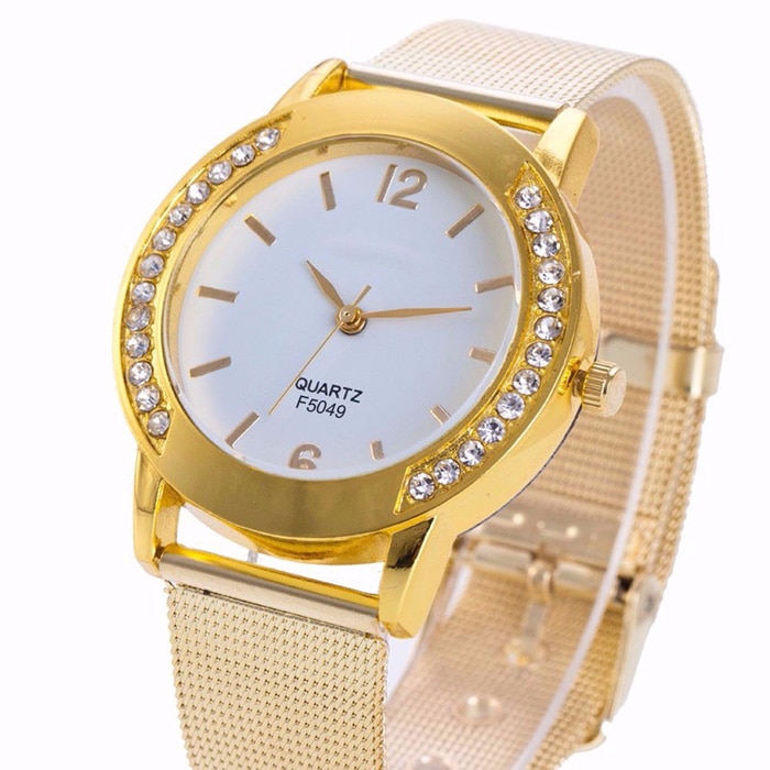 Reloj de lujo para mujer, pulsera de acero inoxidable con cristal dorado , reloj de pulsera de cuarzo analógico, reloj de vestir femenino