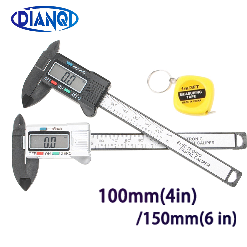 Calibrador Vernier de fibra de carbono electrónica Digital LCD de 100/150mm y 4/6 pulgadas, herramienta de medición, micrómetro, cinta métrica de 1m