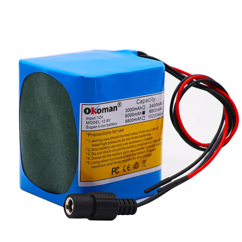 Okoman large capacity battery pack 12V 6000mAh 18650 lithium ion rechargeable battery 6Ah DC12.6V portable battery pack