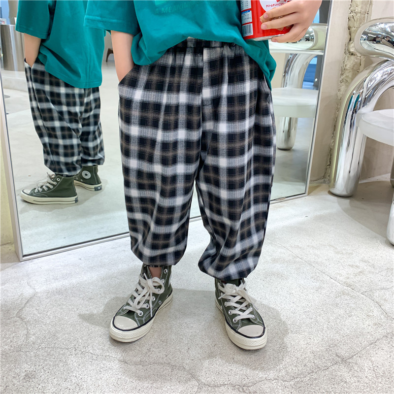 Herfst Dunne Losse Plaid Casual Broek Unisex Alle-Match Enkel-Gebonden Broek 2-7 Jaar Jongens En meisjes Bodems: brown / 3T