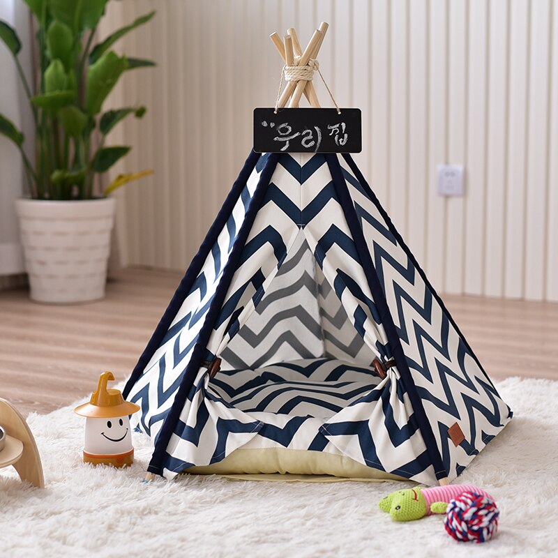 Marineblauwe zigzag huisdier tipi tent katten tipi tent zonder kussen