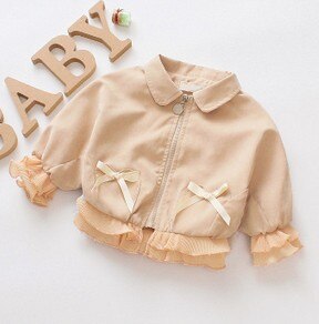Imcute Baby Meisje Mode Jassen Kant Bloemblaadjes Boog Lange Mouw Rits Pop Kraag Herfst Jassen: Khaki / 4T