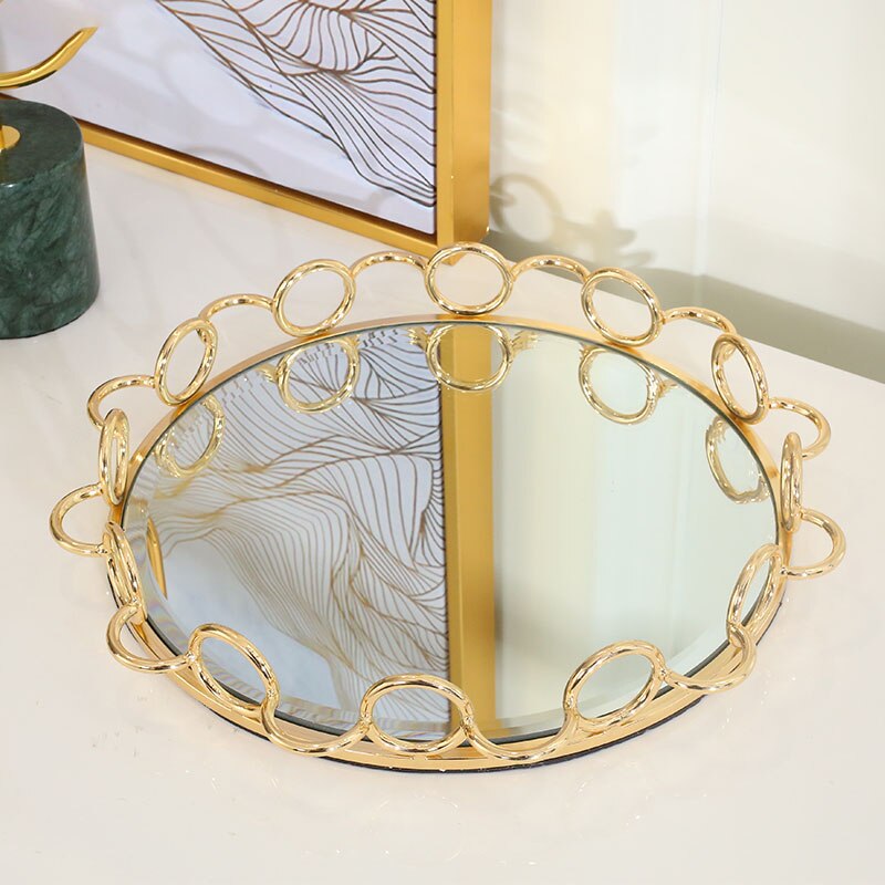 Golden Slag Opbergvak Nordic Glas Spiegel Cosmetische Plaat Desktop Sieraden Display Trays Kaptafel Decoratie Ornamenten