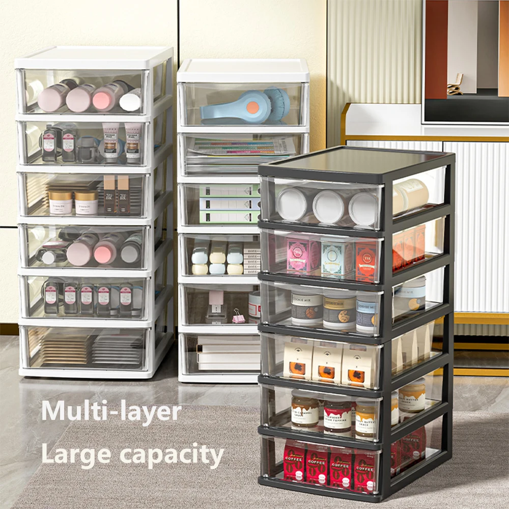 Caja de almacenamiento de escritorio transparente de 3 plantas con cajón, organizador de mesa elevado, gabinete de almacenamiento de oficina de plástico para papelería y cosméticos