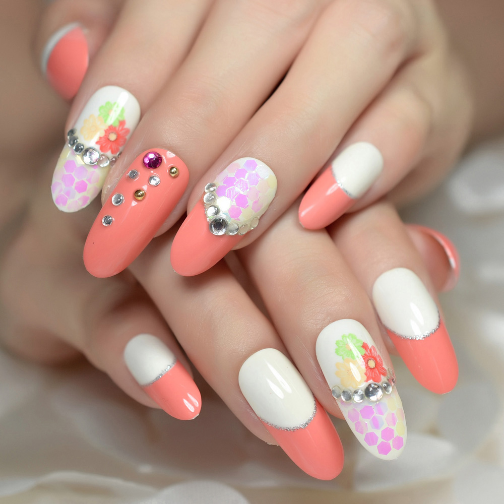 Long rond français acrylique faux ongles blanc Orange fleur faux ongles avec strass décoration presse sur ongles Z949