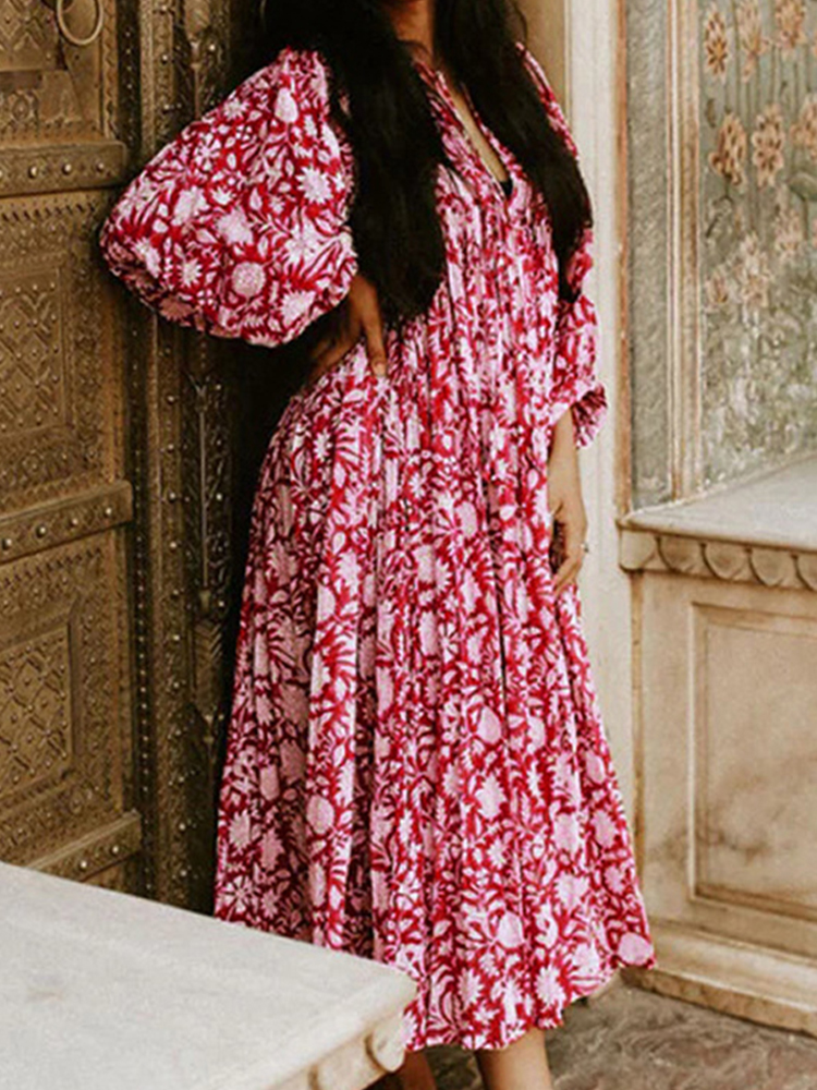 Oversized Casual Loose Dresses Women Summer Floral Printed Long Dresses Lantern Sleeve Boho Beach Dress: XL / Red