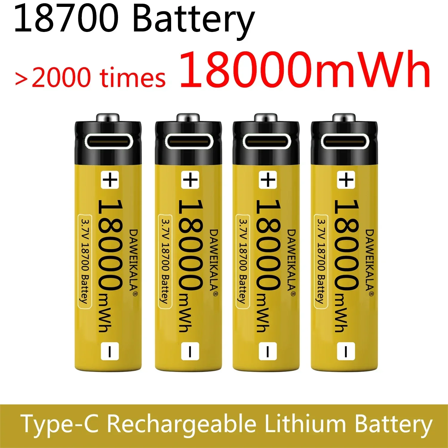 Battery 18650 USB C-type 18700 3.7V 18000 MWh flashlight lithium-ion charging tool mobile phone battery high magnification 18700
