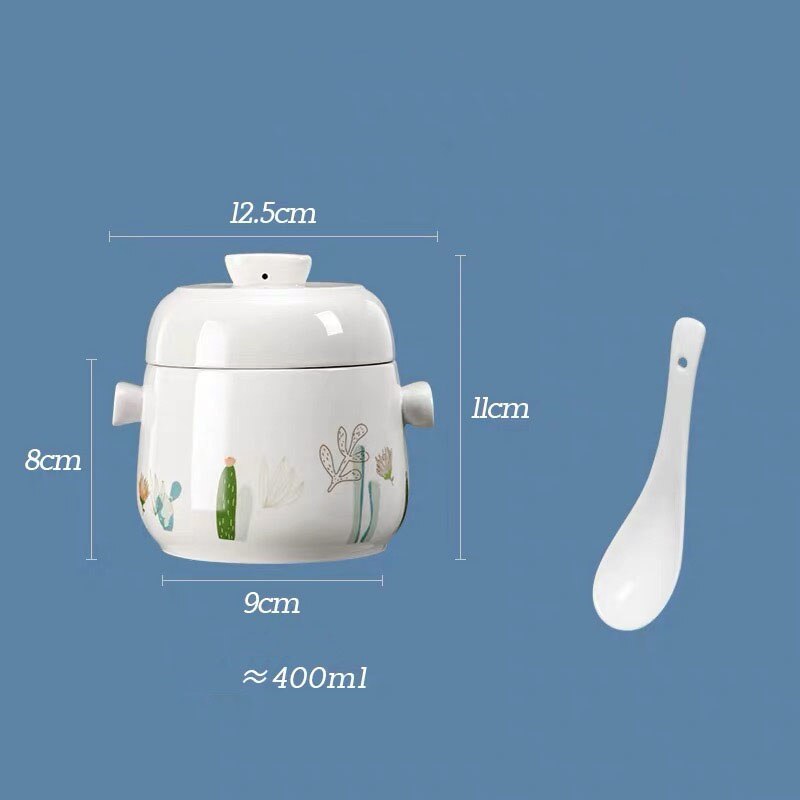 Ceramic Bird's Nest Porriage Egg Stew Pot With Spoon Stew In Water Jar One People Use 460/600ml Soup Pot Double Ear: B 400ml