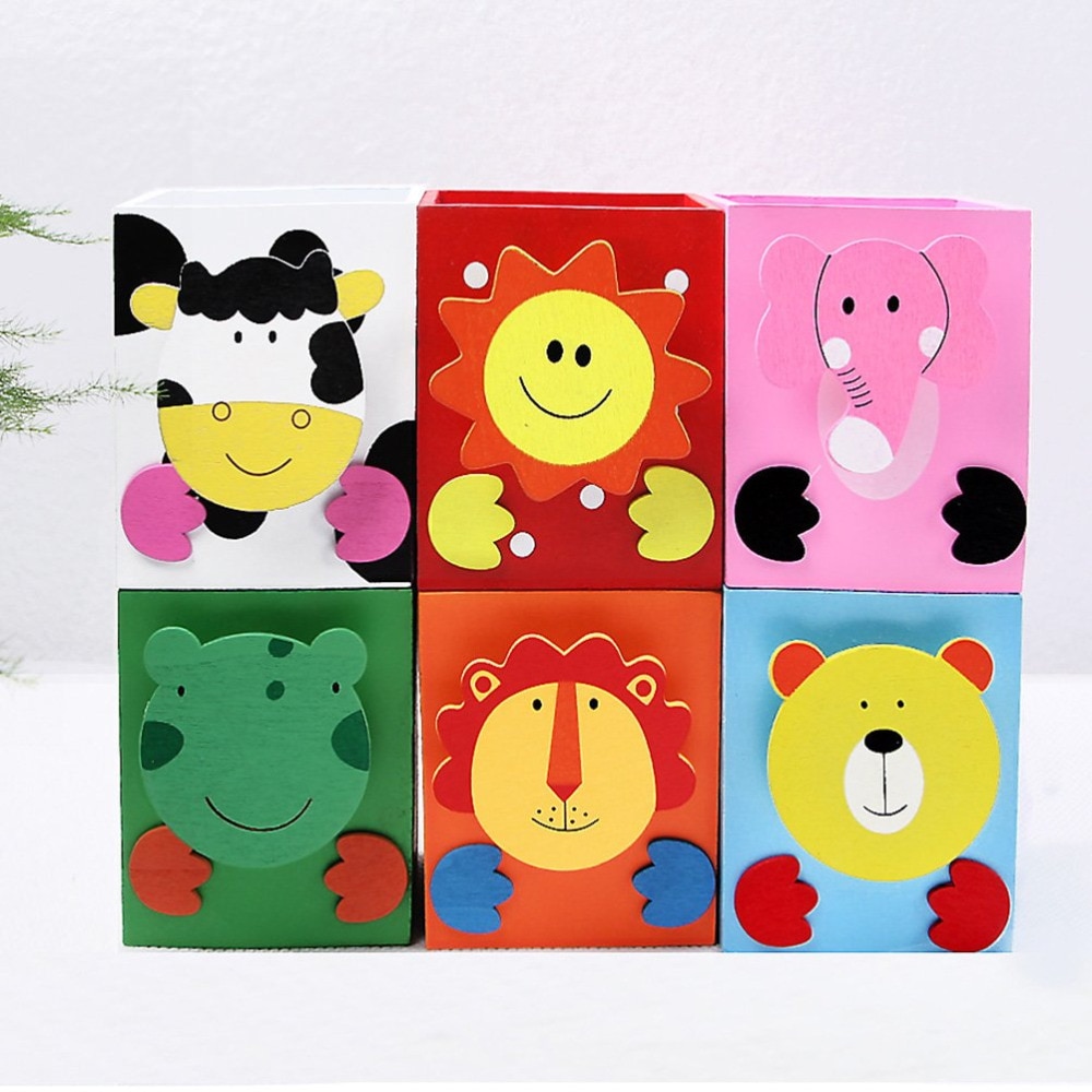 Wooden Pencil Holder Cartoon Pen Organizer Container Desktop Cute Stationery Desk Decoration For School Office Kids Children