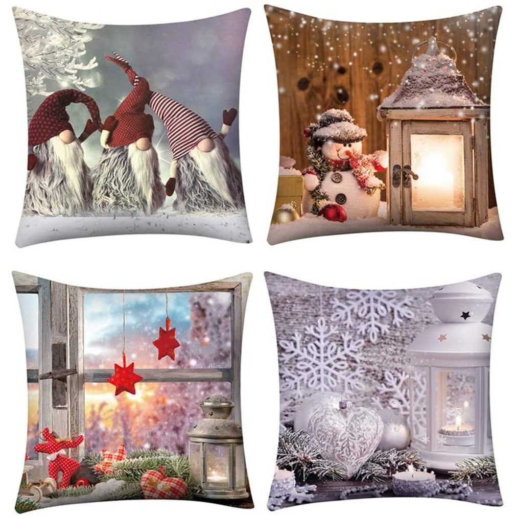 Kerst Kussenhoezen Set Van 4 Katoen Linnen Afdrukken Kussenhoezen Decoratieve Kussenhoes Voor Sofa Kantoor 45X45 cm