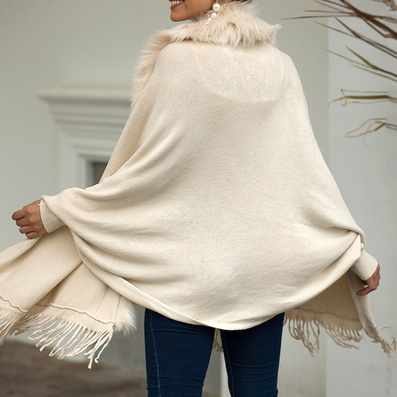 Cardigan strikket sweater kvinder casual streetwear frynsede kappe sjal pelskrave kappe cardigan sweater dame sjal sweater