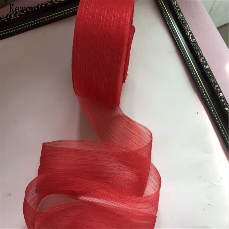 Kewgarden 6cm- stribet rynke tyl bånd håndlavet tape voile bånd gør-det-selv-sløjfe tilbehør bånd 50 yards: Rød
