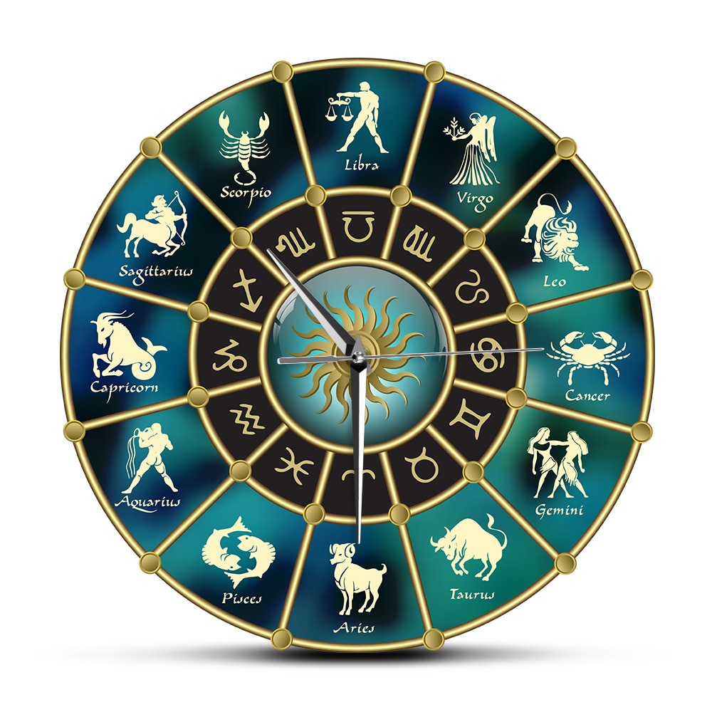Signs of Zodiac Acrylic Mute Gold Blue Horoscope Circle with Wall Clock Constellation Astrology Symbol Home Decor Wall Watch