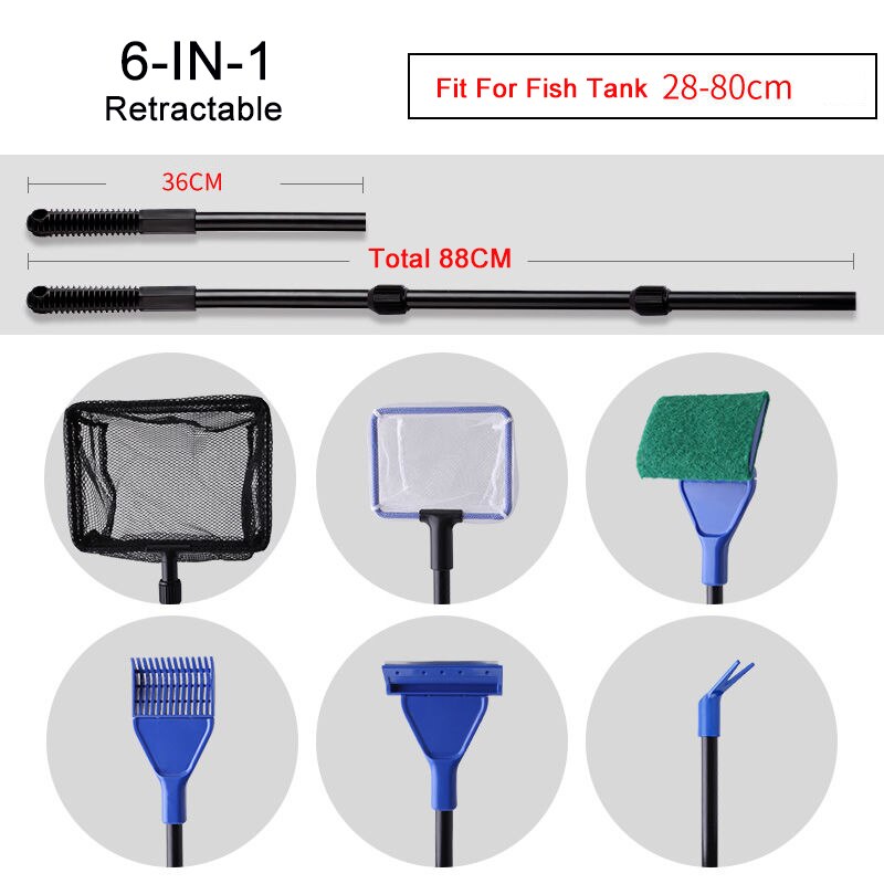 6-IN-1 Aquarium Cleaning Tools Kits Fish Tank Clean Set Fish Net Gravel Rake Algae Scraper Fork Sponge Brush Glass Cleaner: 6IN1
