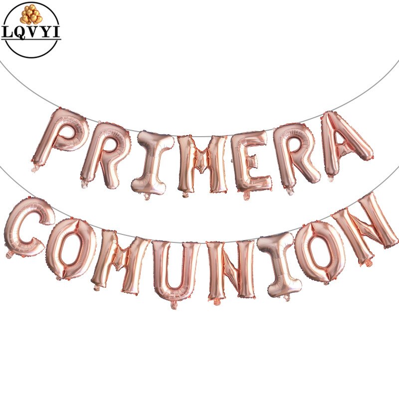 15pcs 16inch Letter Holy first communion decoration Silver foil balloons banner Gold Spanish Primera comunion hanging bunting: rose gold