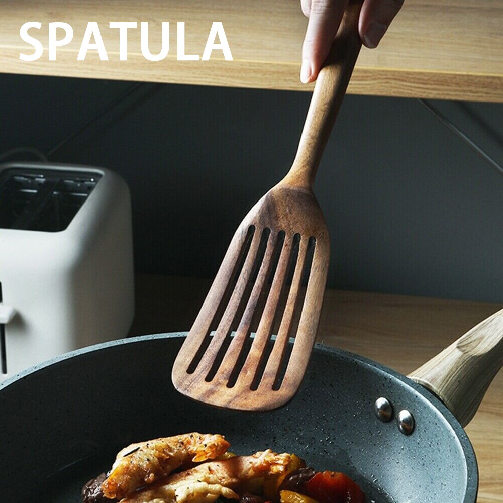 Long Handle Non Stick Pan Cooking Utensil Heat Resistant Hanging Shovel Wooden Spatula Restaurant Kitchen Natural Teak Pasta