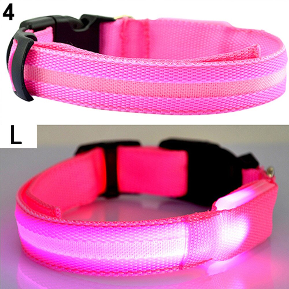 Led Veiligheid Halsband + 2 Batterijen Oplichten Huisdier Kraag Verstelbare Nylon Knippert Lichtgevende Ketting Puppy Anti-Verloren levert: Pink L