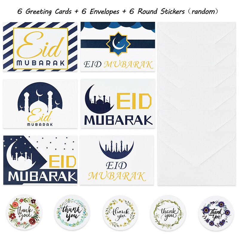 Tarjetas de Felicitación de papel Eid Mubarak con pegatina de sobre, carta de invitación, papel musulmán para de Ramadán, suministros escolares de oficina, 6 piezas: B06