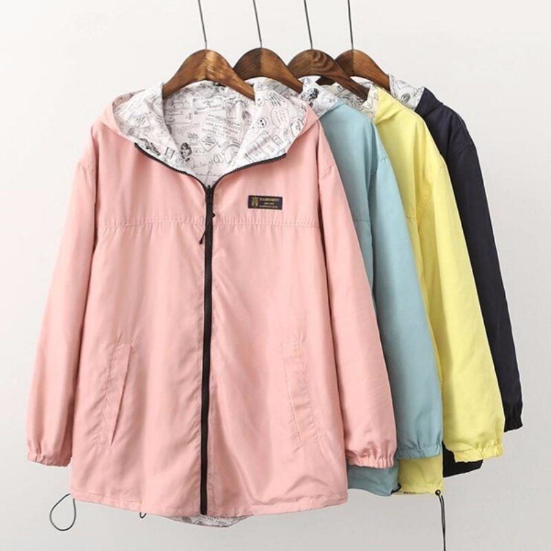 Lente Herfst Vrouwen Jas Coat Pocket Rits Hooded Twee Side Wear Cartoon Print Uitloper Losse Plus Size