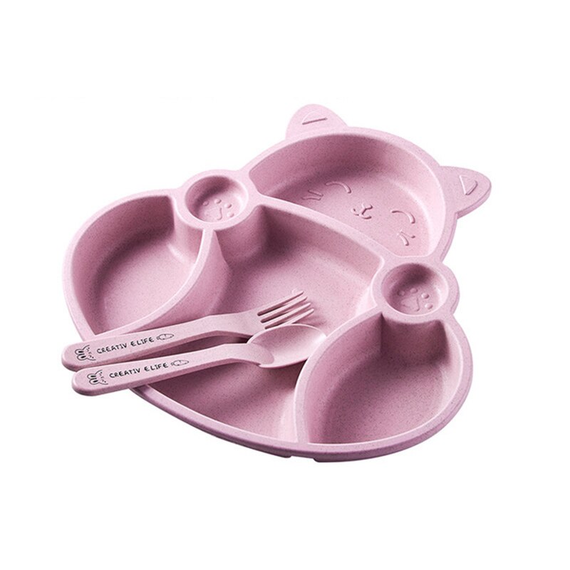 Juego de platos con dibujos de gatos para niños, paja de trigo, comida sólida, cuchara, tenedor, plato, plato duradero, bandeja para la cena y el almuerzo.: Rosa