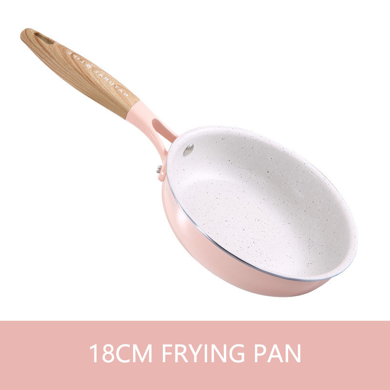 Non Stick Frying Pan With Wooden Handle Cooking Pot Set Breakfast Crepe Maker Pan Korean Cookware Saucepan Ramen Milk Pot: pink 18cm frying pan