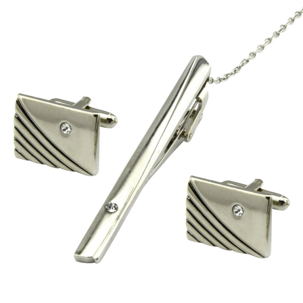 3 Pcs Party Daily Clothes Accessories Wedding Cuff Link Set With Rhinestone Metal Business Plated Tie Clip Curve Stripes: Default Title