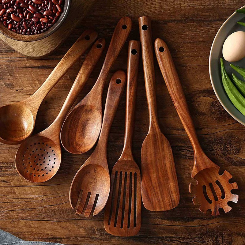 Cucharas de madera para cocinar, 7 utensilios de madera para cocinar, juego  de utensilios de cocina de madera de teca, utensilios de cocina de madera