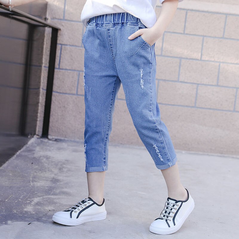 Pantalones vaqueros rasgados para niñas y adolescentes, Jeans sueltos de Color gris y azul, ropa informal con agujeros, X167, novedad de verano: Azul / 3 años