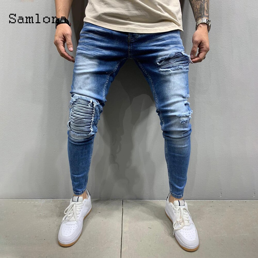 mager jeans herre denim bukse herre skrog revet bukser streetwear menn glidelås denim bukse blå hofte hopp blyantbukser