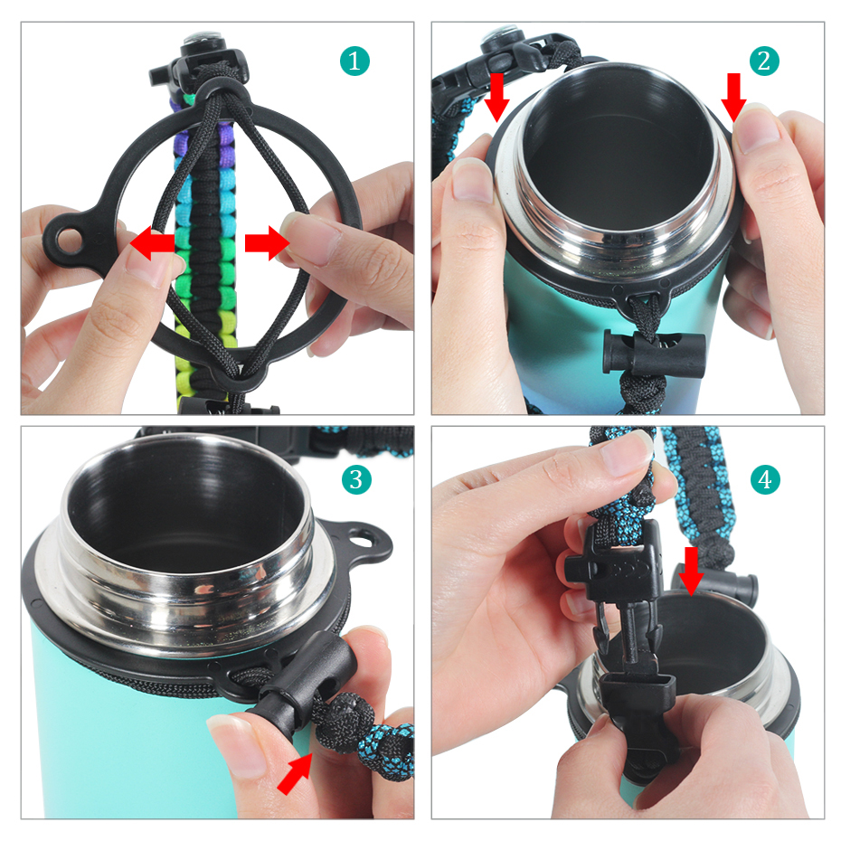 Hydro Flask Thermos Wide Mouth Bottle Safety Ring and Carabiner Paracord Handle with Insulated Wide Mouth Cap + Water Cup Strap