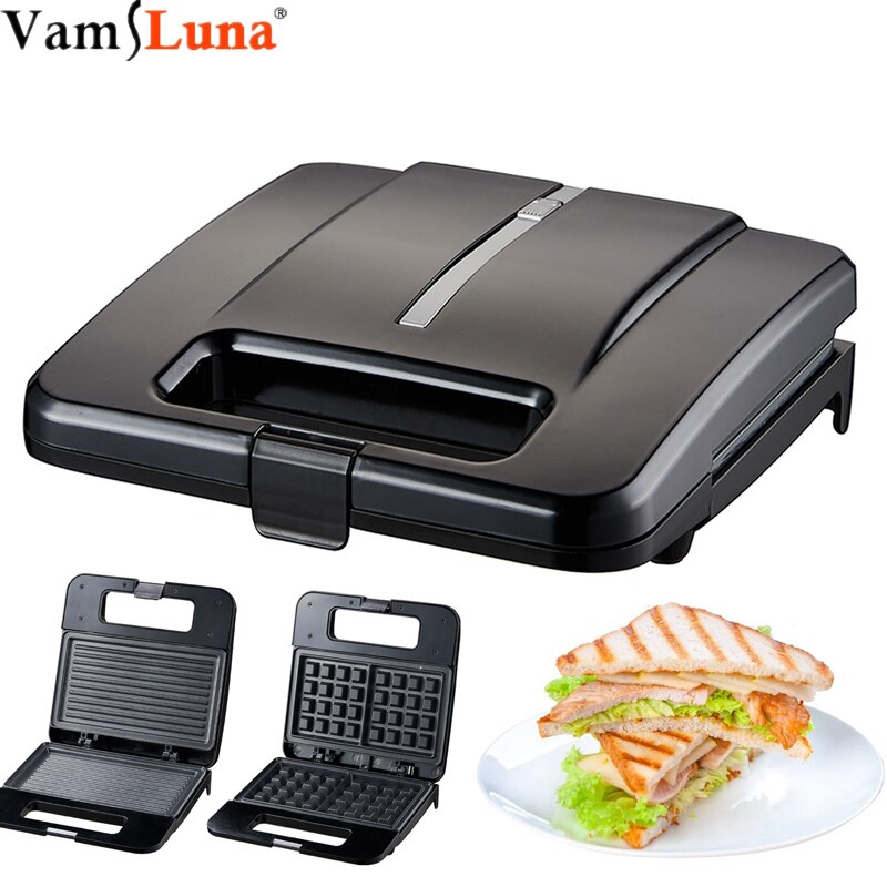 Tostadora de sándwich de 750W, tostadora, horno eléctrico, sartén de cocina extraíble, plato antiadherente, parrilla para panqueques, máquina para hacer conos de gofres