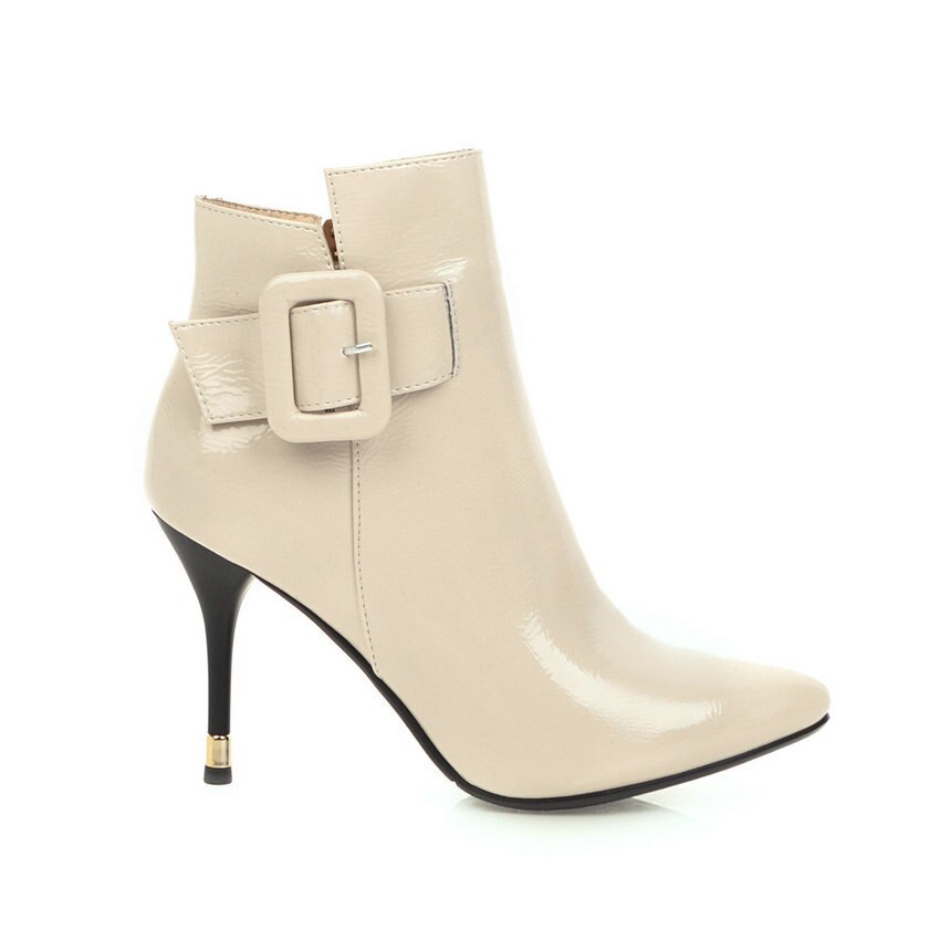 Qutaa Mode Wees Teen Pu Lakleer Enkellaarsjes Dunne Hoge Hak Herfst Winter Gesp Rits Vrouwen Schoenen Maat 34-42